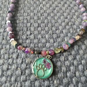 Purple Beaded Necklace with Paw Pendant. Stretchy  Amethyst  Baubles